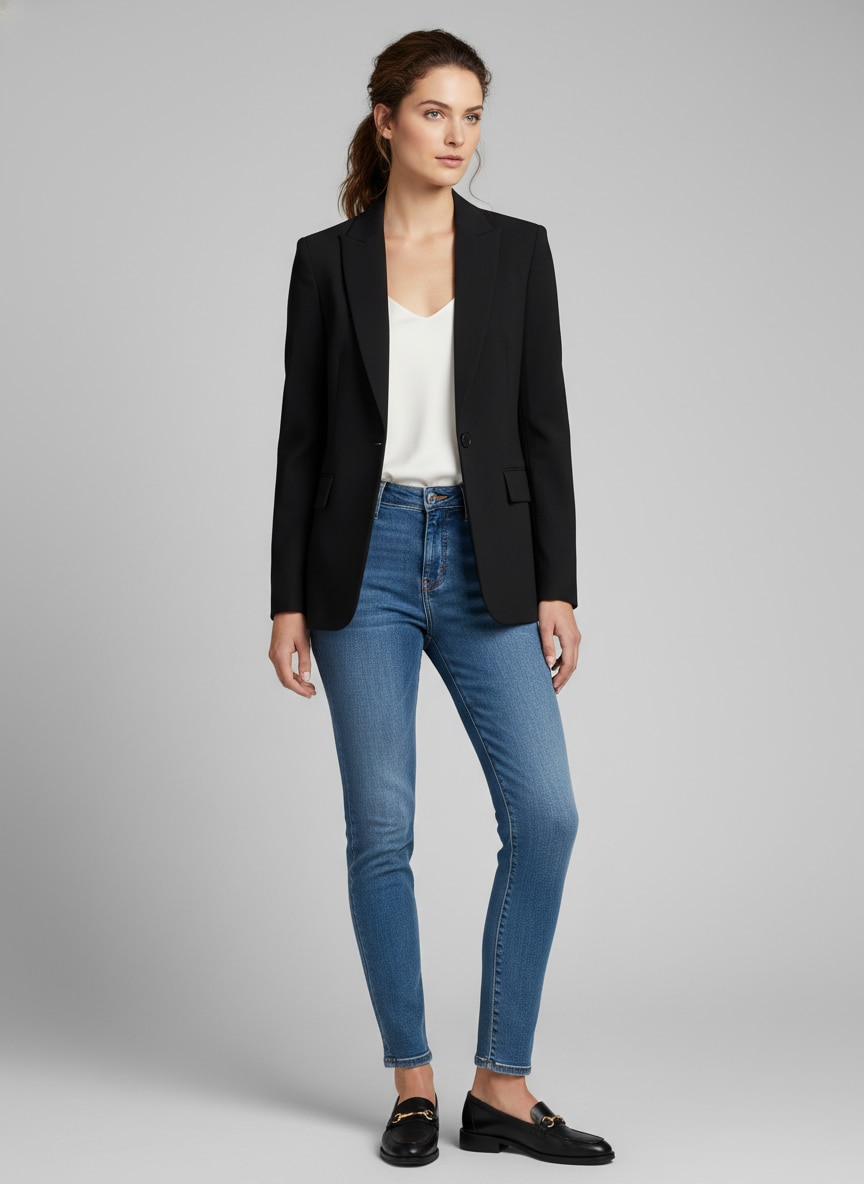 Outfit Con Blazer Negro Y Jeans Mujer